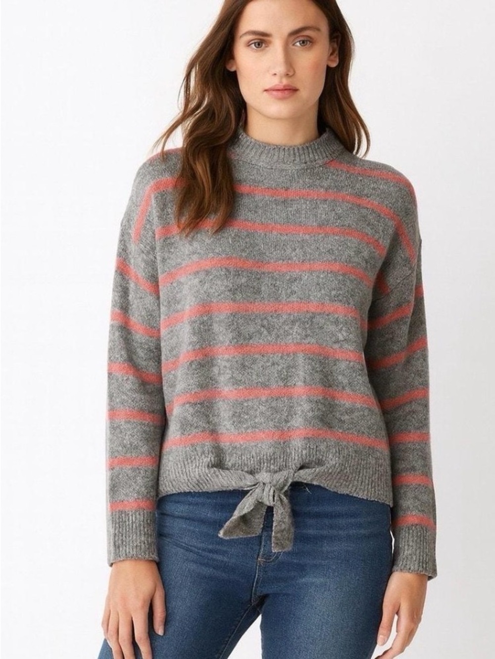 Wayf Gray Crewneck Tie-Front Sweater with Pink Stripes